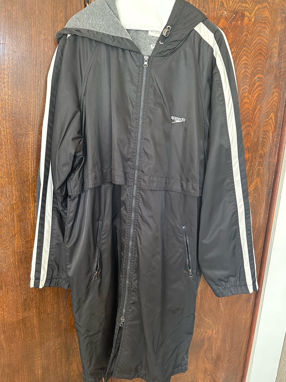 Speedo Black Hooded Long Divers Coat Parka Jacket Fleece Lining Stripes XXL